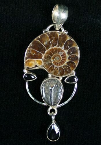 Ammonite + Trilobite Pendant - Sterling Silver #7053